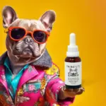 A picture of a dog holding a bottle of Tribe Tokes’ Pets Wild Salmon Pet CBD Tincture.