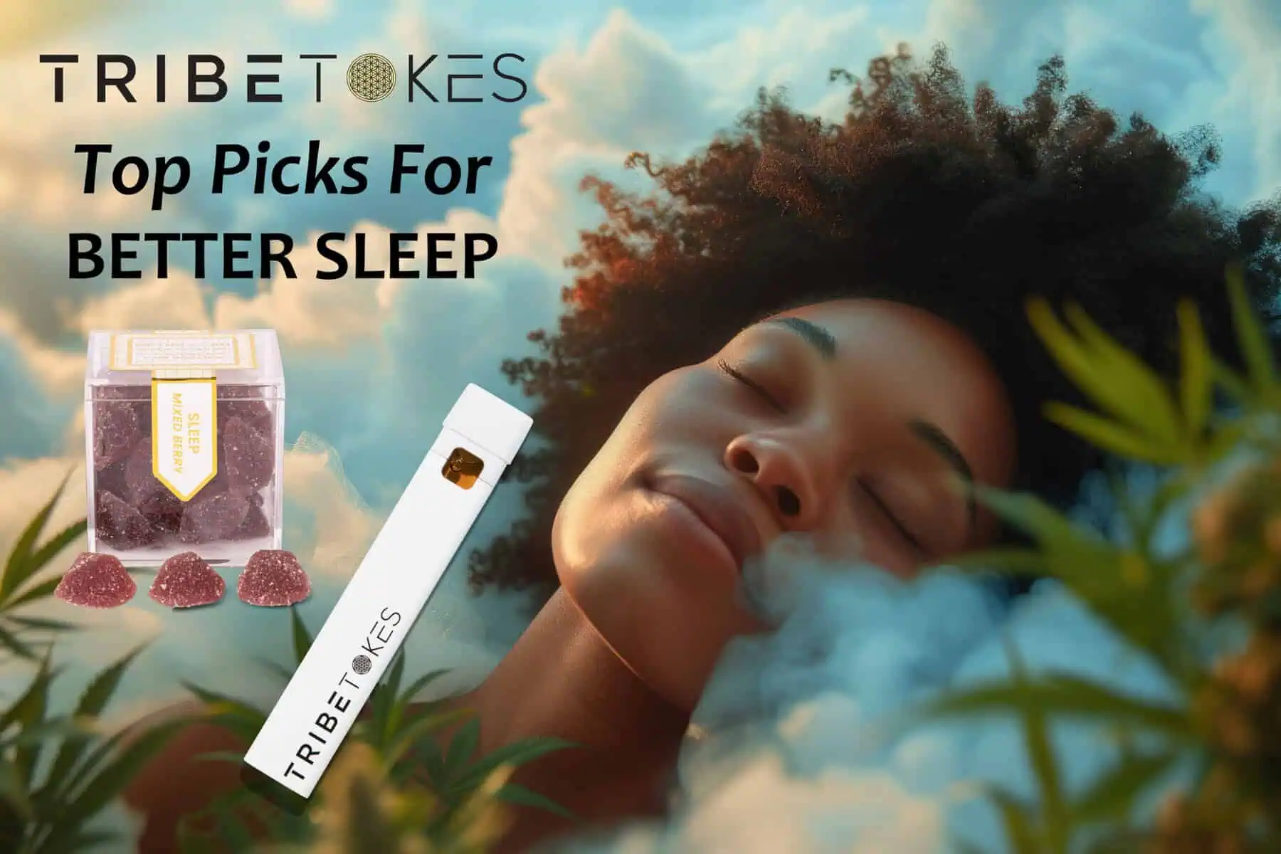 Person sleeping peacefully with TribeTokes Sleep Gummies and Delta 8 vape cartridge, showcasing products for improved rest.