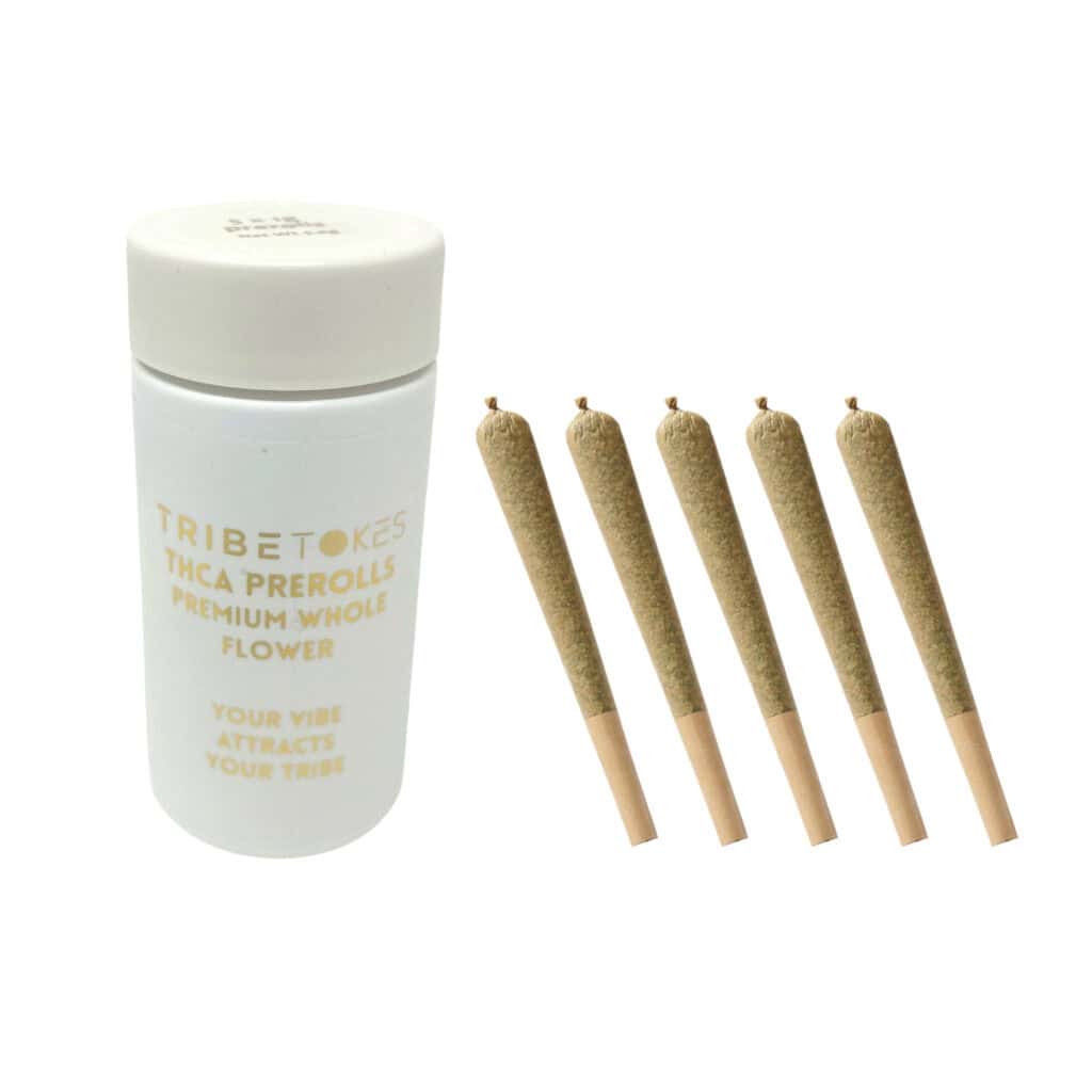 TribeTokes THCA preroll jar labeled “Premium Whole Flower” displayed beside five evenly rolled joints, showcasing product quality and clean design.