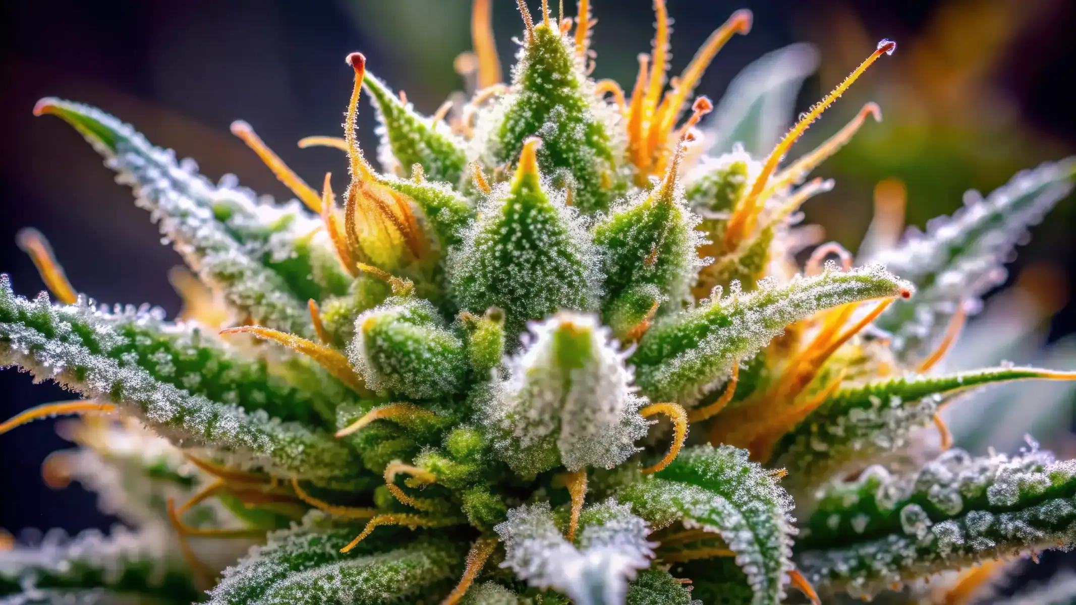 Macro shot of cannabis bud covered in sparkling trichomes with orange pistils.